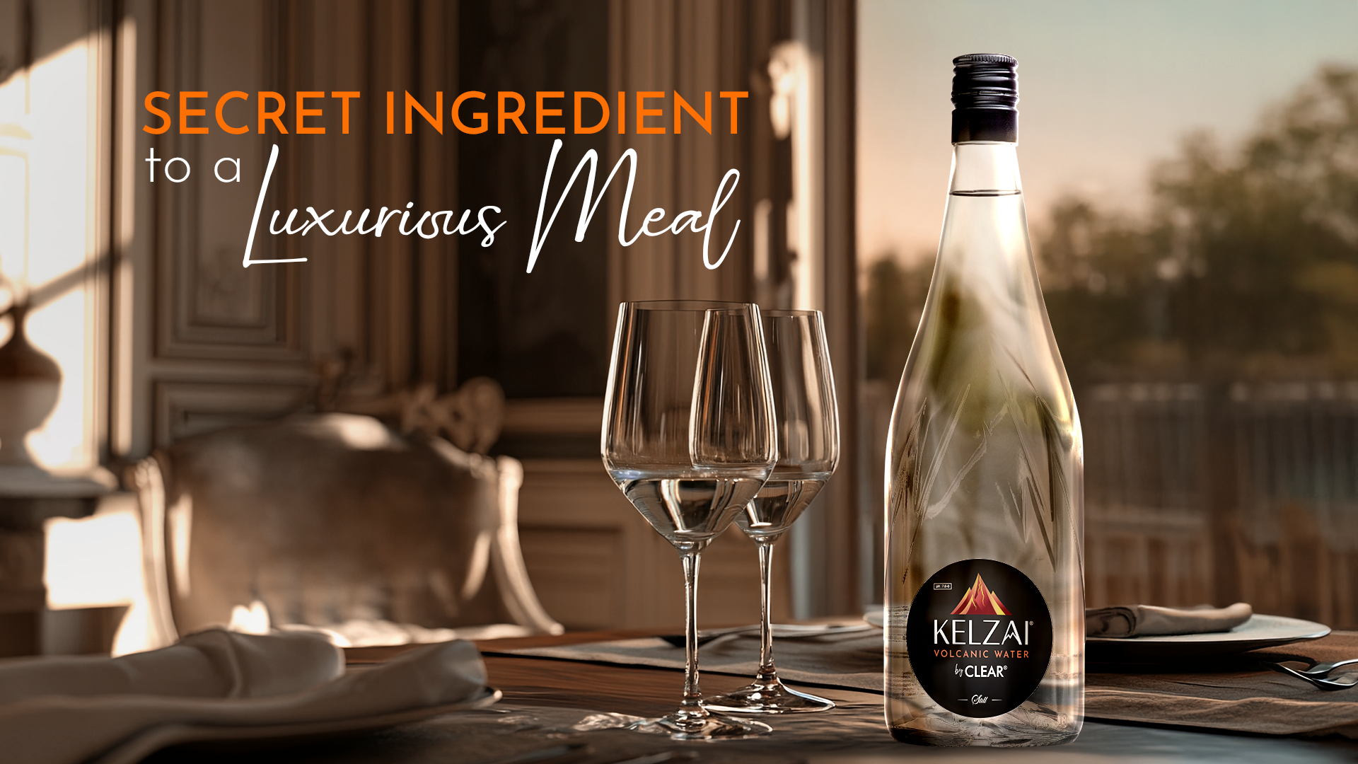 Elegant glass bottle of Kelzai volcanic alkaline water served at a luxury Indian dining table