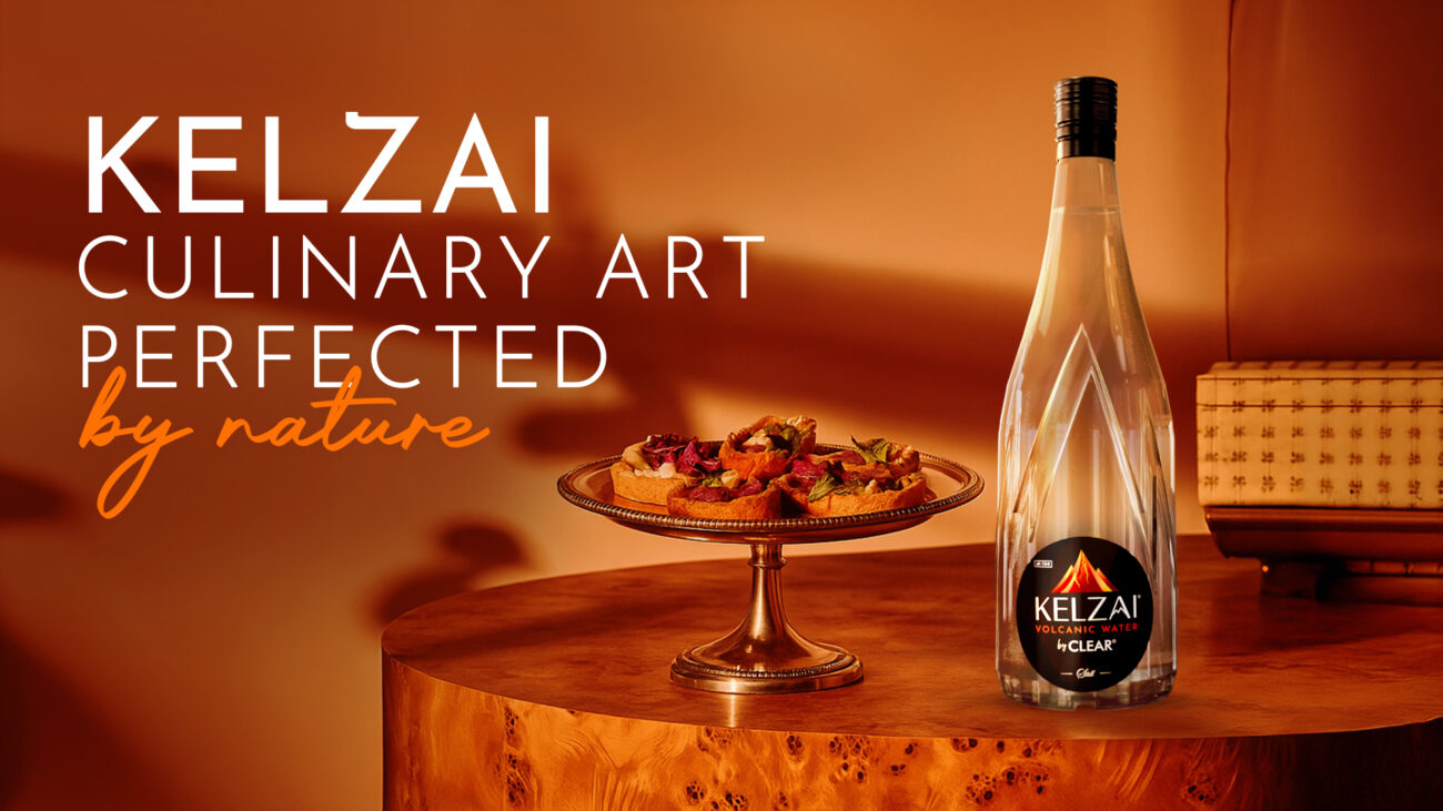 Kelzai volcanic water in premium glass bottle – naturally alkaline, mineral-rich, ideal for fine dining and culinary use.
