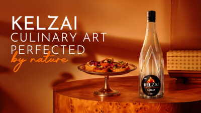 Kelzai volcanic water in premium glass bottle – naturally alkaline, mineral-rich, ideal for fine dining and culinary use.