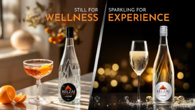 Kelzai still and sparkling water in premium glass bottles, highlighting wellness, natural minerals, and luxury hydration experience.