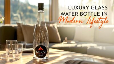 Luxury glass water bottle on table showcasing premium bottled water in glass bottles with a clean and elegant presentation
